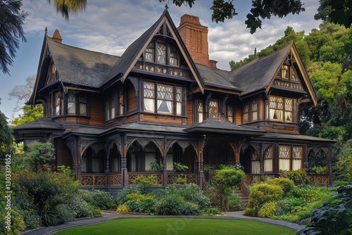 Wallpaper Mural A grand Victorian home with intricate wooden trim, steep gabled roofs, and tall bay windows, surrounded by a lush garden Torontodigital.ca