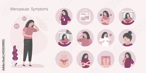 Infographic of menopause symptoms. Sexual involution features. female character with climacteric period with irregular menstruation. Set of gynecology signs and pictograms.