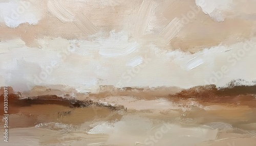 Fototapeta Naklejka Na Ścianę i Meble -  textured abstract landscape painting with neutral earthy tones, soft clouds, and rugged terrain, perfect for minimalist decor


