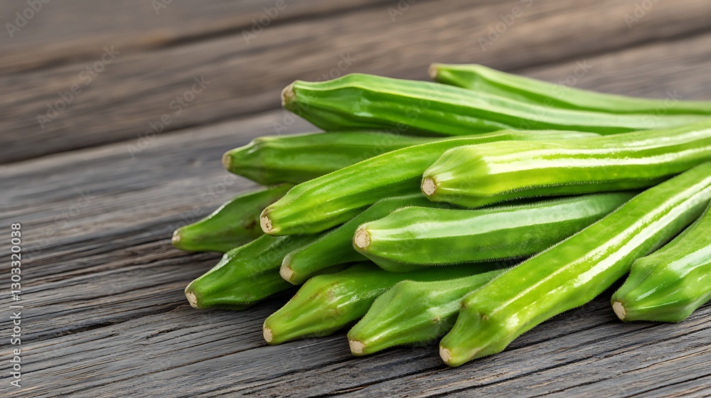 Fresh Green Okra on Rustic Wooden Surface, Healthy Vegetable for Cooking and Nutrition Purposes Fresh Green Okra on Rustic Wooden Surface, Healthy Vegetable for Cooking and Nutrition Purposes