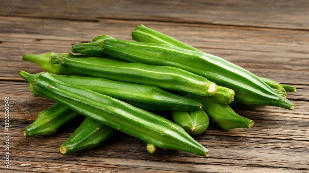 Fresh Green Okra Stacked on Rustic Wooden Surface in Natural Light Fresh Green Okra Stacked on Rustic Wooden Surface in Natural Light