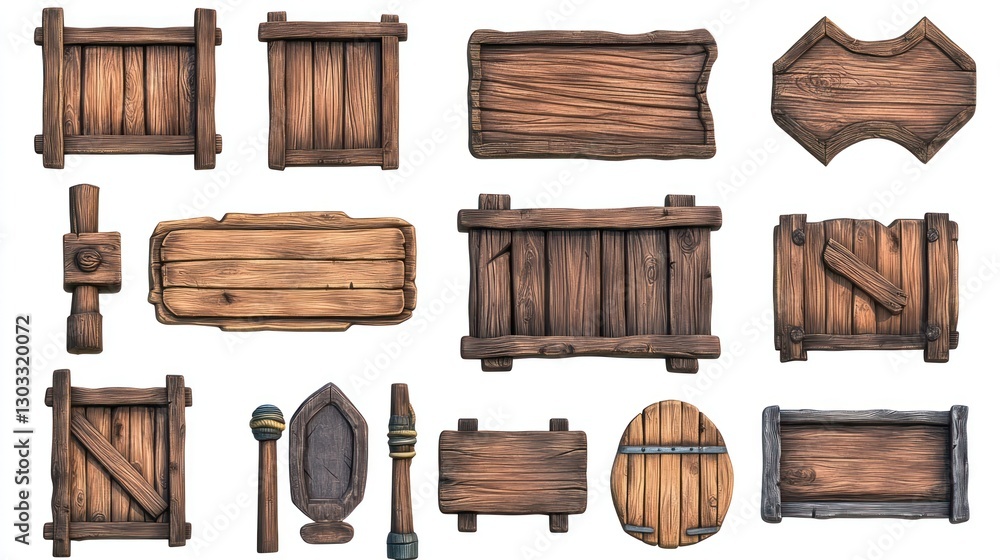 Naklejka premium Collection of rustic wooden signs, panels, and crates, isolated on white.