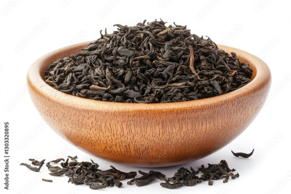 Wooden bowl with dried black tea leaves on isolated white background. Generated AI Wooden bowl with dried black tea leaves on isolated white background. Generated AI