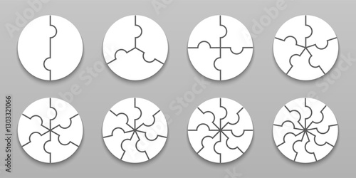 Puzzle pieces set, white mosaic circle puzzle jigsaw isolated, puzzles grid collection, jigsaw puzzles with different numbers of pieces