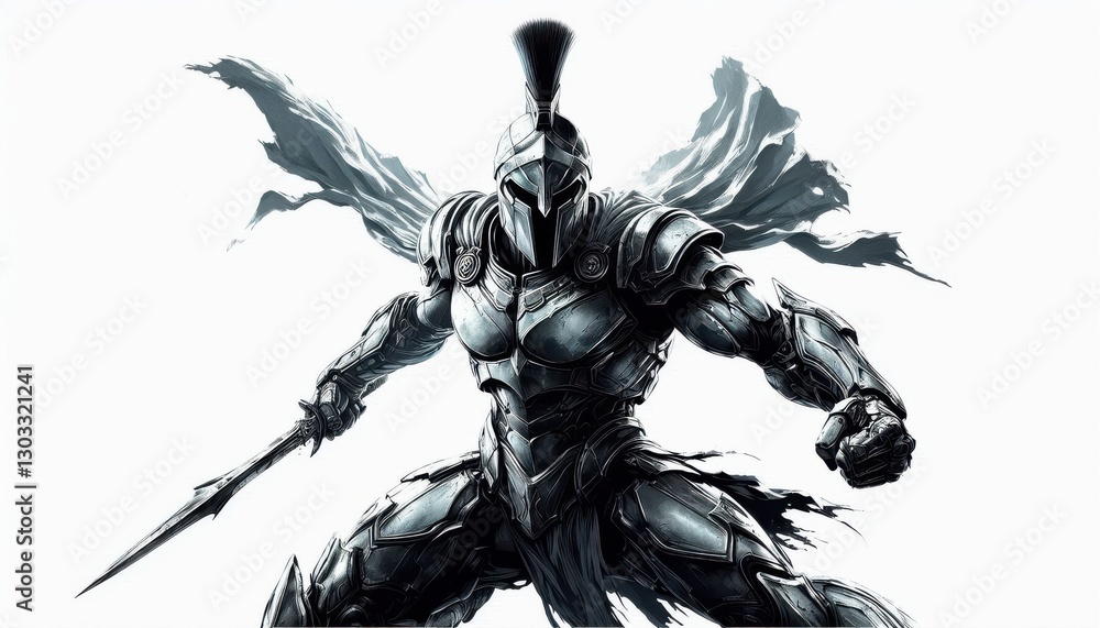 Fototapeta premium Powerful warrior stands ready for battle in bold monochrome style, showcasing strength and determination