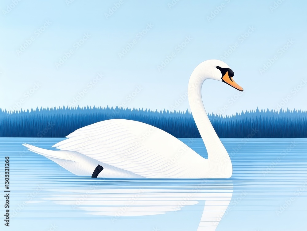 Fototapeta premium Elegant white swan gliding serenely across a calm lake under a clear blue sky