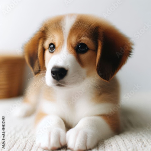 Cute corgi puppy relaxing indoors with soft lighting and neutral background