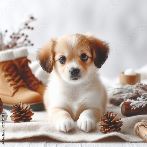 Cute puppy surrounded by pine cones and winter decor near cozy boots in a warm indoor setting during the festive season