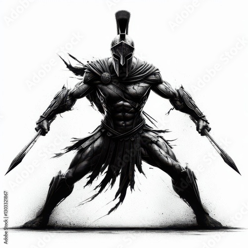 Warrior in battle stance with swords raised, showcasing strength and determination in a dramatic artistic representation