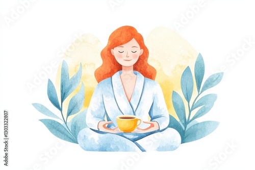Relaxing watercolor meditation scene with tea calm environment indoor viewpoint, isolated on white background