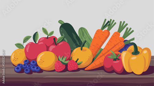 Colorful fruits and vegetables assortment with apples carrots cucumbers berries and peppers for healthy eating and organic food concept illustrations