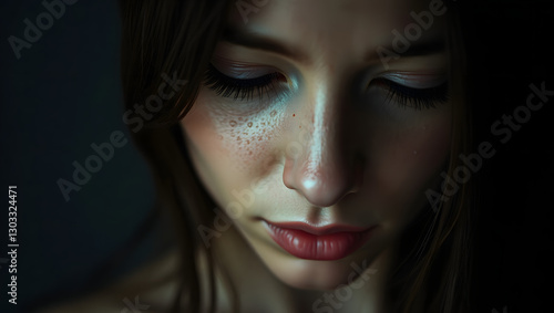 Wallpaper Mural a portrait of a young woman with closed eyes, showing a mix of emotions and introspection Torontodigital.ca