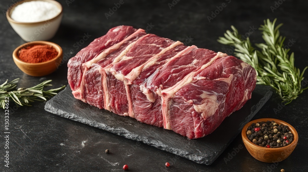 Raw beef roast tied with butcher's twine, ready for cooking, with herbs and spices. Raw beef roast tied with butcher's twine, ready for cooking, with herbs and spices.