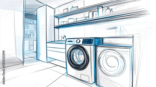 Modern Laundry Room Concept Sketch with Smart Washer and Dryer – Futuristic Utility Space Design Featuring Storage Shelves and Digital Home Appliance Layout