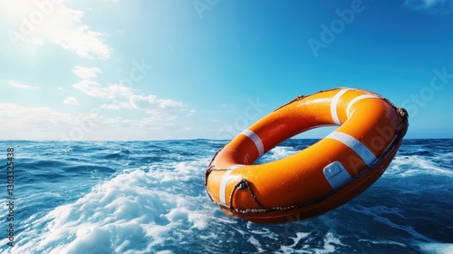 An orange lifebuoy is silhouetted against a breathtaking sunset backdrop, illustrating themes of safety, hope, and tranquility in nature's beauty. photo