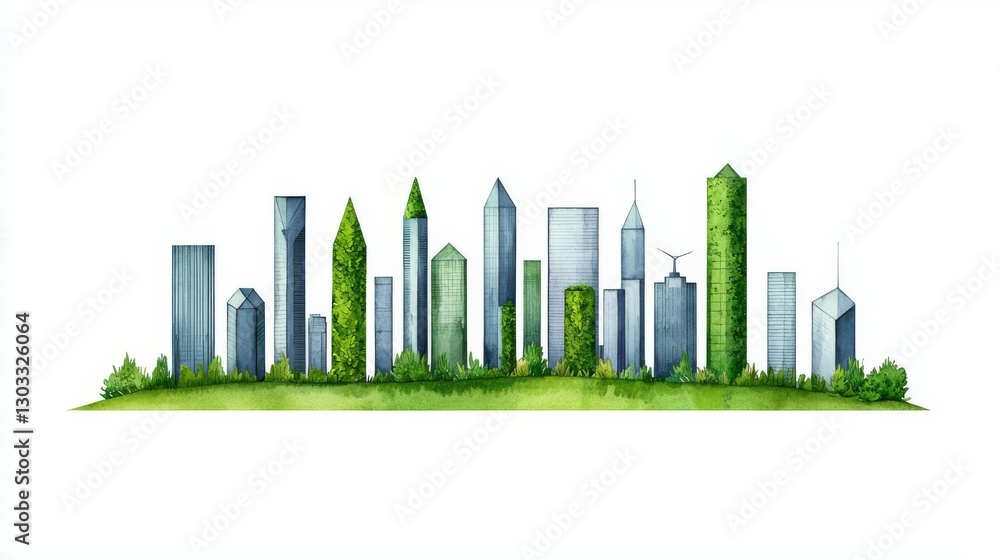 Fototapeta premium A vibrant city skyline blending modern buildings with lush greenery.