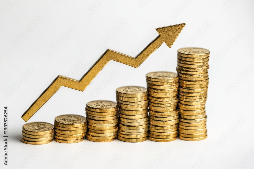 Gold coins arranged in ascending order with an upward arrow symbolizing financial growth and success on a white background Gold coins arranged in ascending order with an upward arrow symbolizing financial growth and success on a white background