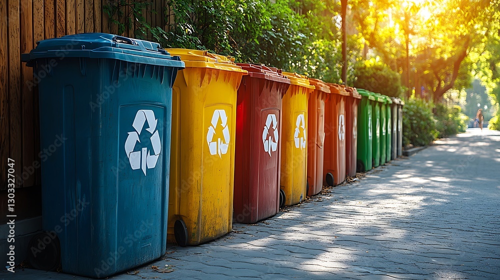 Row of waste bins in autumn setting high resolution hd image Row of waste bins in autumn setting high resolution hd image