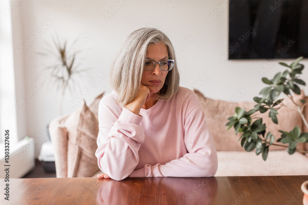 Sad pensive middle age woman looking down depressed sitting on the sofa Sad pensive middle age woman looking down depressed sitting on the sofa