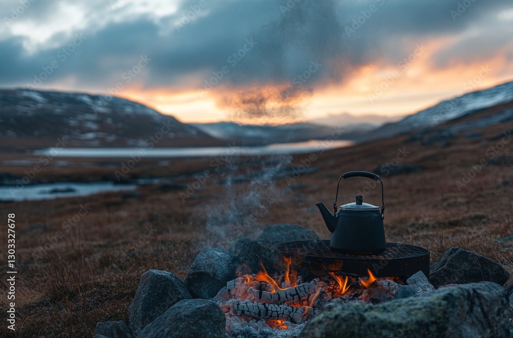 Mountain campfire tea kettle sunset