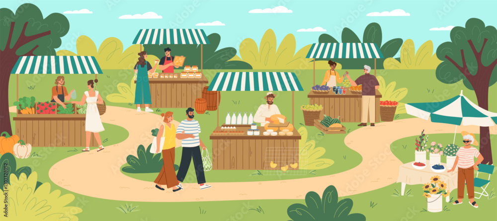 Naklejka premium Stalls filled with fresh fruits, vegetables, and baked goods create a lively atmosphere. People browse and interact in a sunny, green environment, enjoying the outdoor market