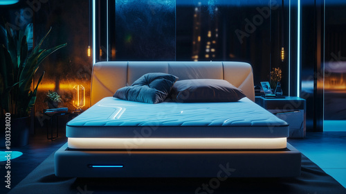 Modern Luxury Bedroom with Blue Ambient Lighting and Urban Night View