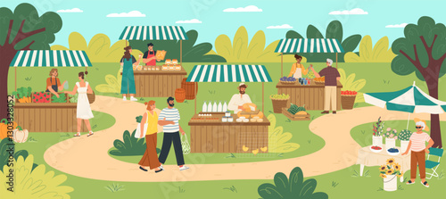 Stalls filled with fresh fruits, vegetables, and baked goods create a lively atmosphere. People browse and interact in a sunny, green environment, enjoying the outdoor market