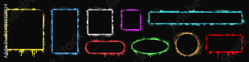 Neon grunge spray border frame set, grunge rectangles and circles shapes stencils with spray of splashes and streaks of paint