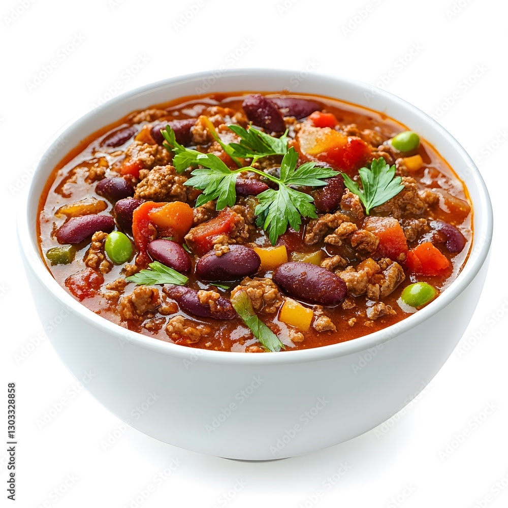 Hearty Bean and Meat Chili in White Bowl with Fresh Garnish Hearty Bean and Meat Chili in White Bowl with Fresh Garnish