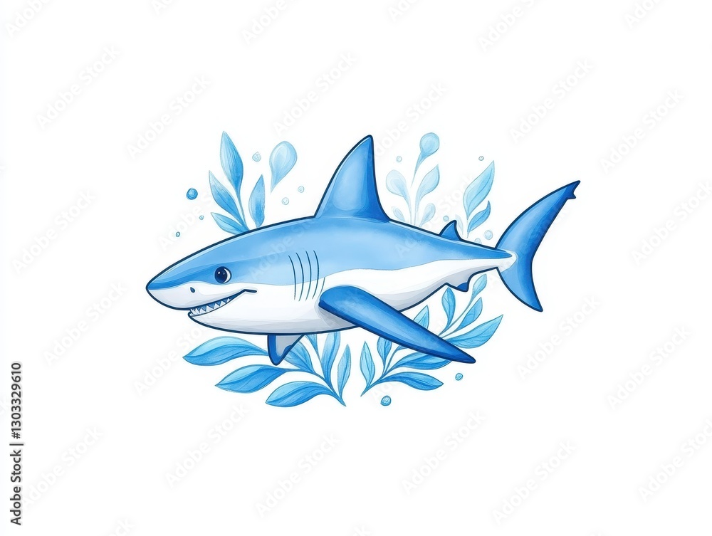 Cartoon shark swimming among blue aquatic plants in a vibrant underwater scene Cartoon shark swimming among blue aquatic plants in a vibrant underwater scene