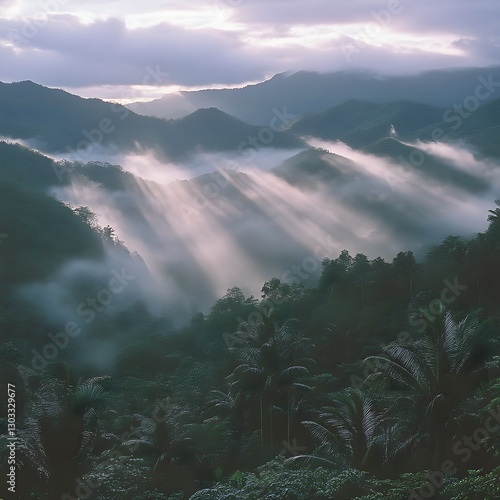 Misty mountain sunrise rays through foliage photo