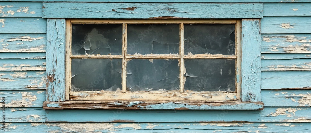Weathered blue window on a peeling wood siding Weathered blue window on a peeling wood siding