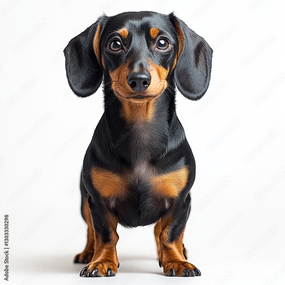 A cute dachshund dog with a glossy black and tan coat, sitting upright and looking directly at the camera against a white background. A cute dachshund dog with a glossy black and tan coat, sitting upright and looking directly at the camera against a white background.