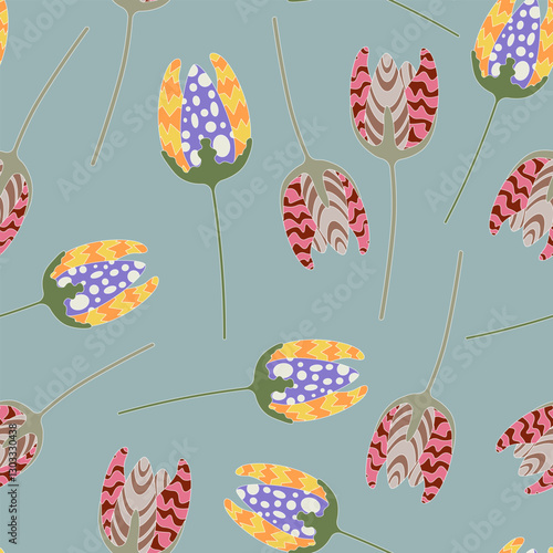 Stylized flowers look like tulips with petals that have a variety of colored textures