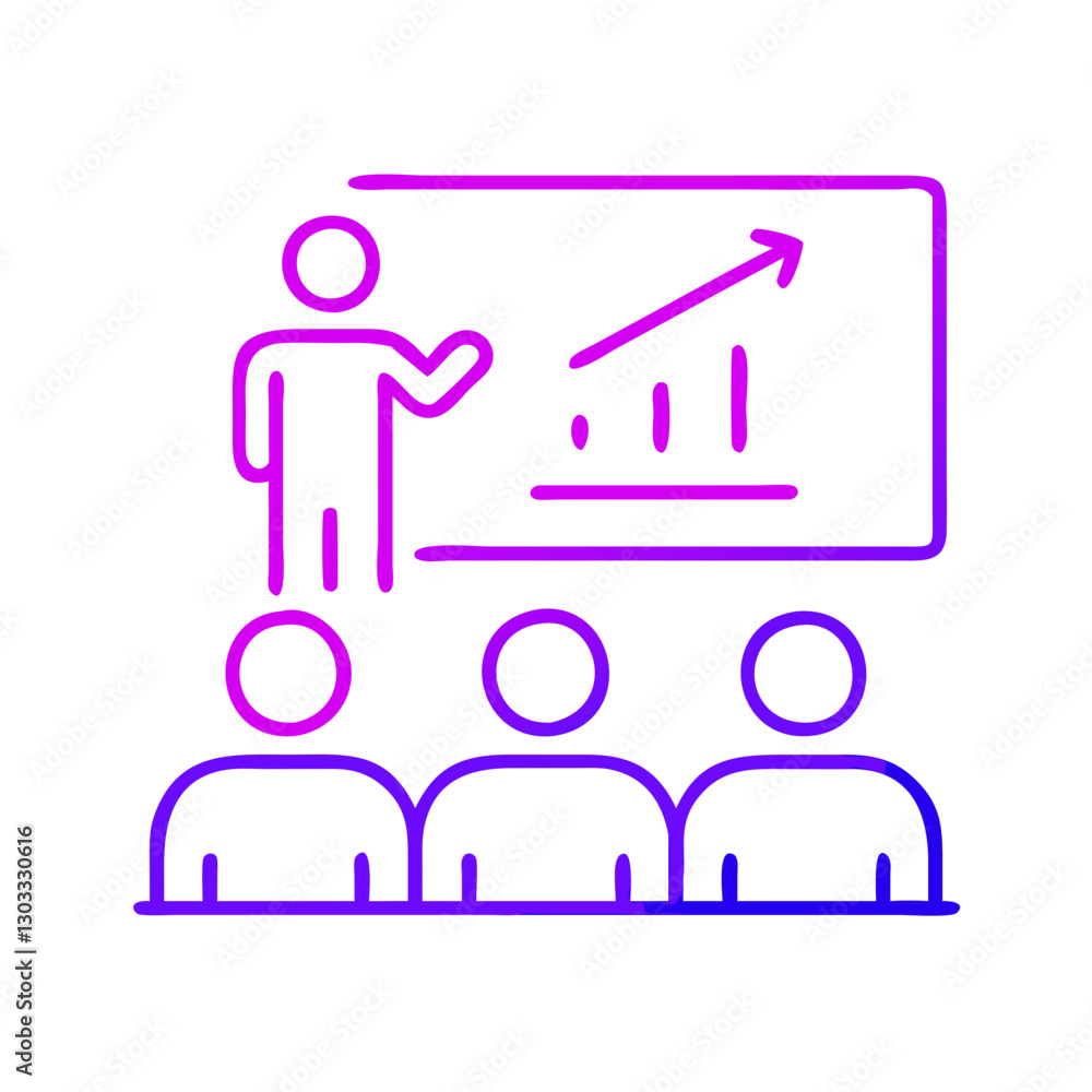 Fototapeta premium Business lecturer speaks to the audience, presenting a growth chart on the screen during a business conference, financial masterclass, or coaching session.