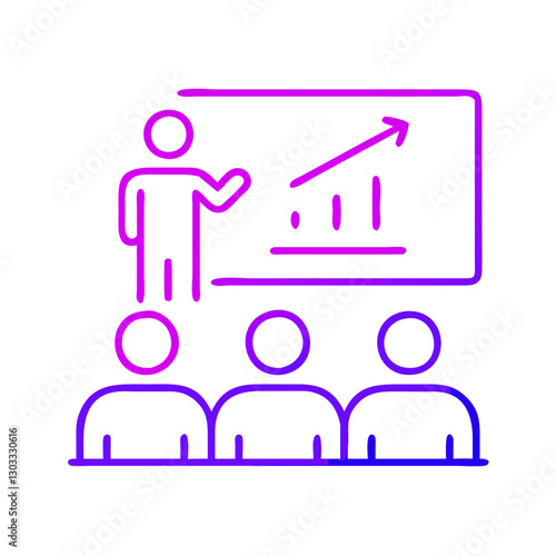 Business lecturer speaks to the audience, presenting a growth chart on the screen during a business conference, financial masterclass, or coaching session.