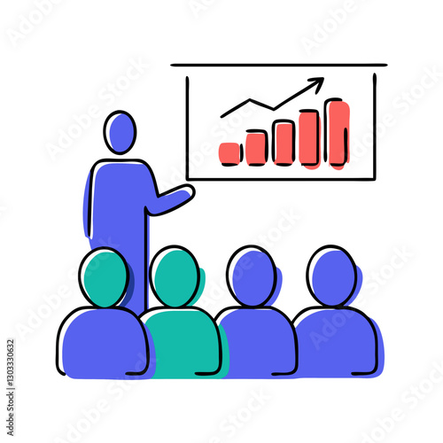 Business lecturer speaks to the audience, presenting a growth chart on the screen during a business conference, financial masterclass, or coaching session.