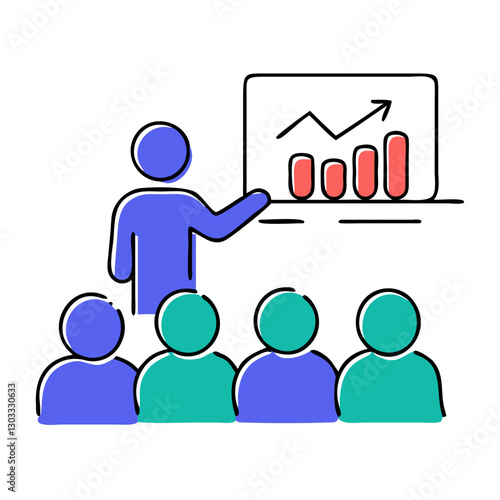Business lecturer speaks to the audience, presenting a growth chart on the screen during a business conference, financial masterclass, or coaching session.