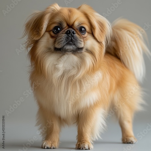 A fluffy, playful Pekingese dog stands confidently, showcasing its beautiful golden coat and expressive eyes against a neutral background.