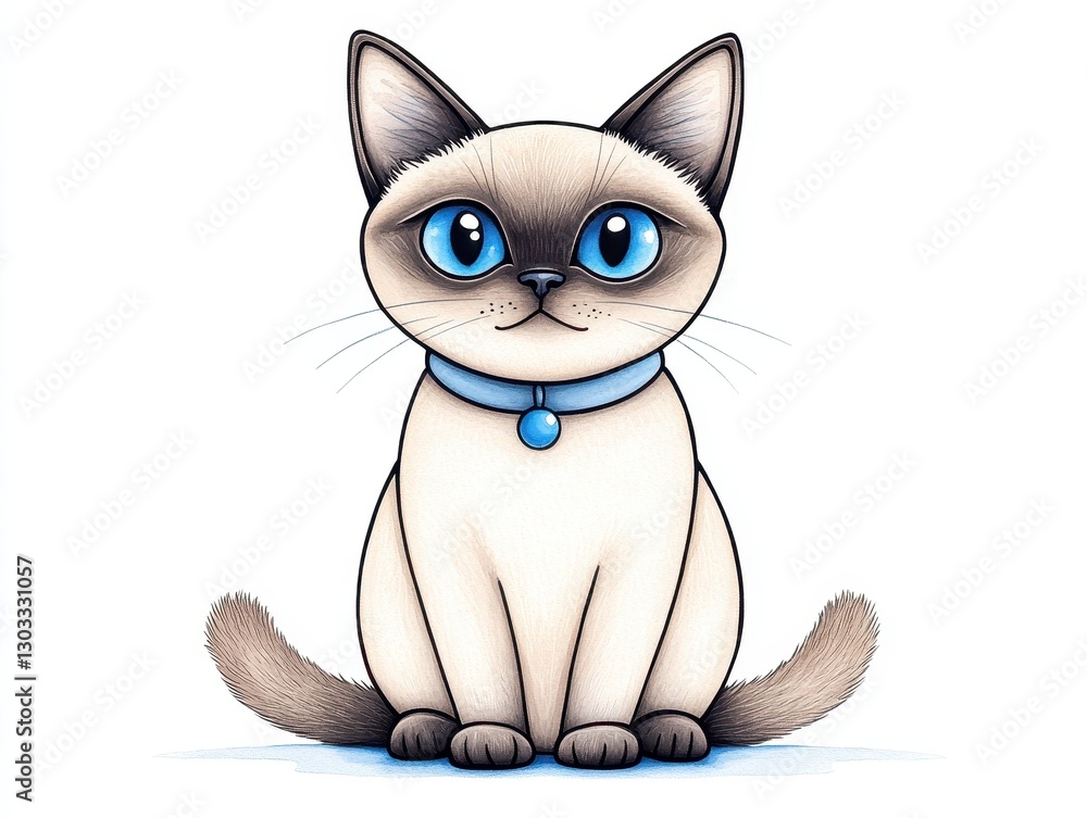 Obraz premium Cute cartoon Siamese cat with blue eyes sitting on a white background