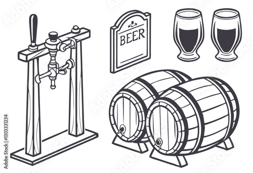 A set of pub-related elements, including beer taps, barrels, wooden signs, and Irish pub glasses, isolated on a white background.
