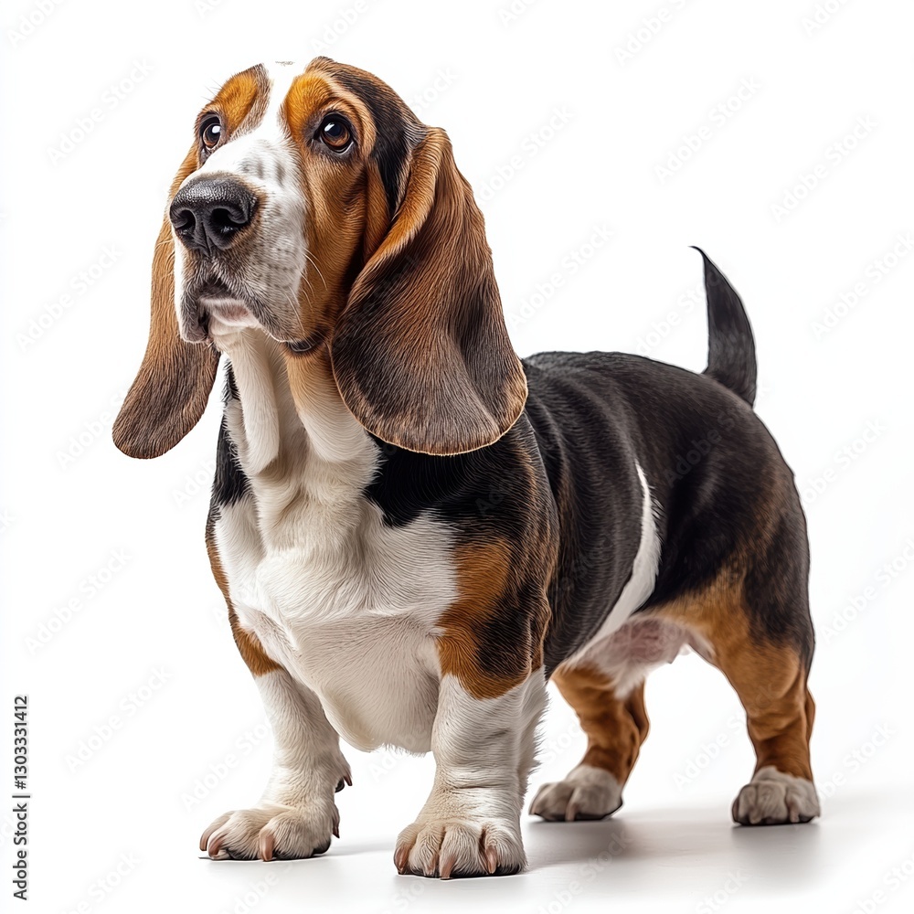 A playful Basset Hound stands upright, showcasing its distinctive long ears, short legs, and unique tricolor coat against a white background. A playful Basset Hound stands upright, showcasing its distinctive long ears, short legs, and unique tricolor coat against a white background.