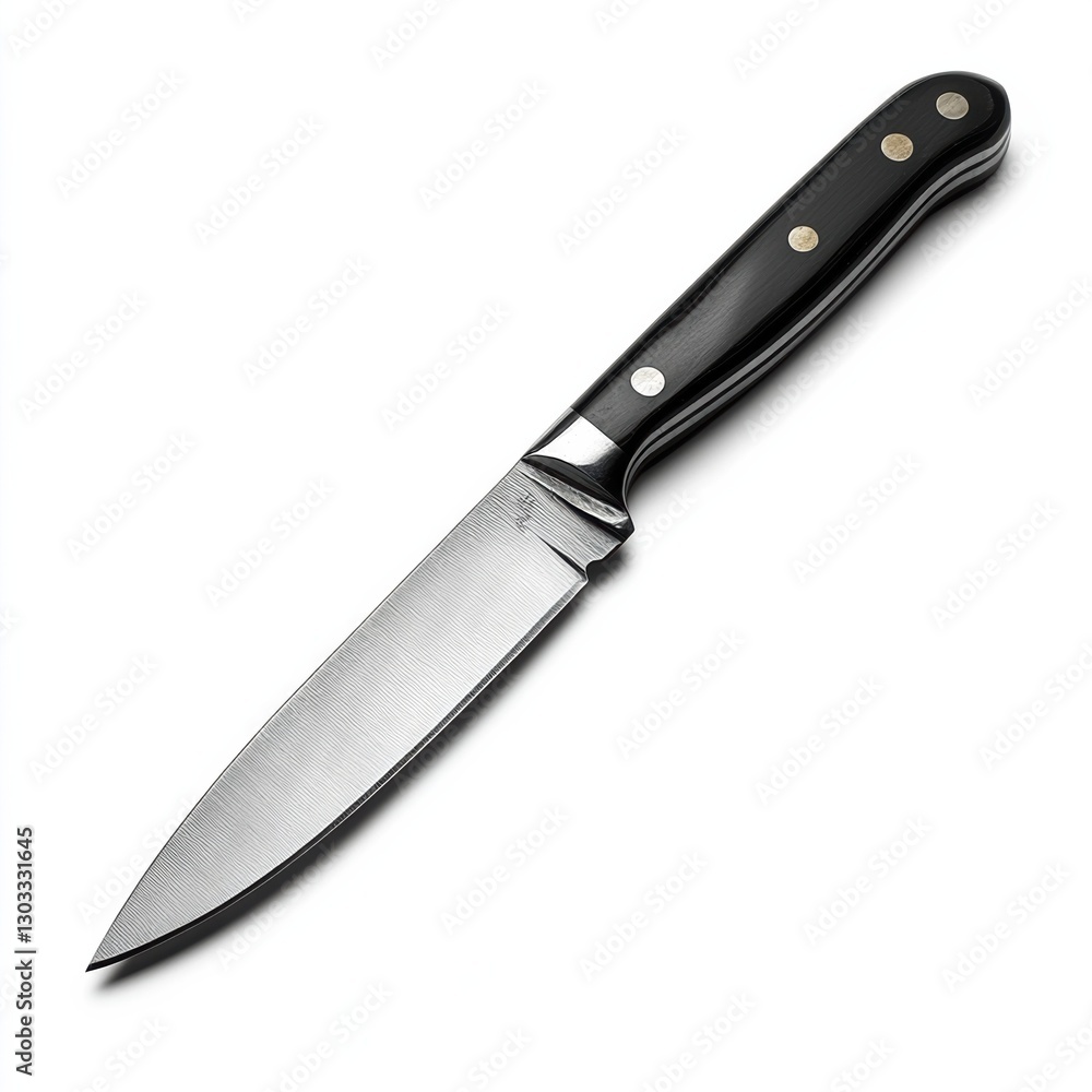 A sharp kitchen knife with a sleek stainless steel blade and a polished black handle featuring three metal rivets, isolated on a white background. A sharp kitchen knife with a sleek stainless steel blade and a polished black handle featuring three metal rivets, isolated on a white background.