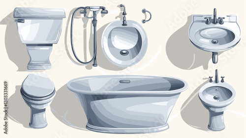 Explore a collection of elegant bathroom fixtures including a modern sink, bathtub, toilet, and bidet. Perfect for interior design projects!