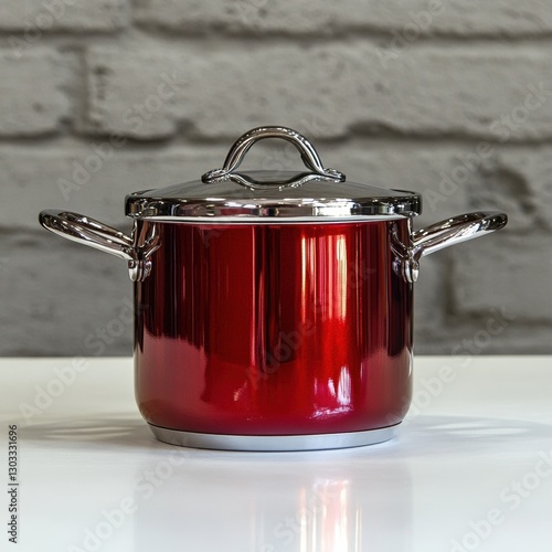 A shiny red cooking pot with a stainless steel lid and handles, placed on a white surface against a textured background.