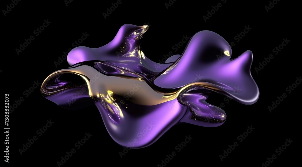 Naklejka premium A smooth, abstract sculpture with liquid-like forms, blending purple and gold hues against a black background, conveying modern artistic design.