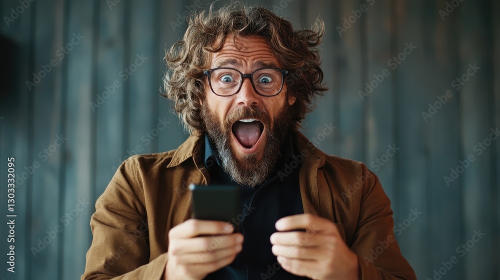 A joyful man with curly hair and glasses exuberantly reacts while holding a smartphone, capturing a moment filled with thrill and excitement. A joyful man with curly hair and glasses exuberantly reacts while holding a smartphone, capturing a moment filled with thrill and excitement.