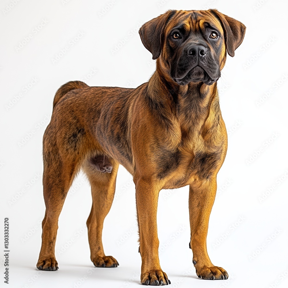 Obraz premium A striking and well-groomed dog stands confidently on a white background, showcasing its muscular build and expressive features, enhancing its strong presence.
