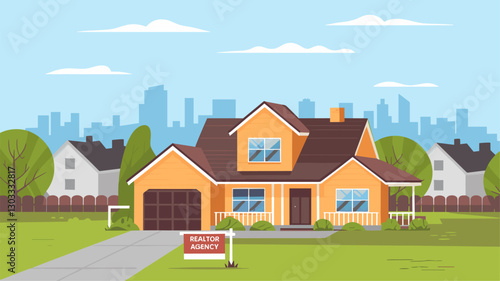 Illustration of a vibrant orange suburban house in a peaceful neighborhood, featuring a Realtor agency sign in the yard and a city skyline in the background.
