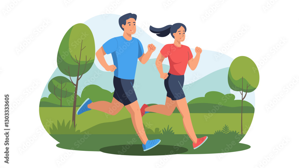 A vibrant illustration of a man and woman jogging together in a lush green park, embodying fitness and companionship. A vibrant illustration of a man and woman jogging together in a lush green park, embodying fitness and companionship.